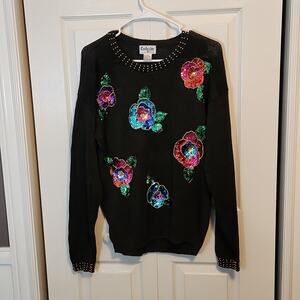 Vintage Exclusive Imports Black Sequin/Beaded Sweater SZ Med Grandma Ugly Floral
